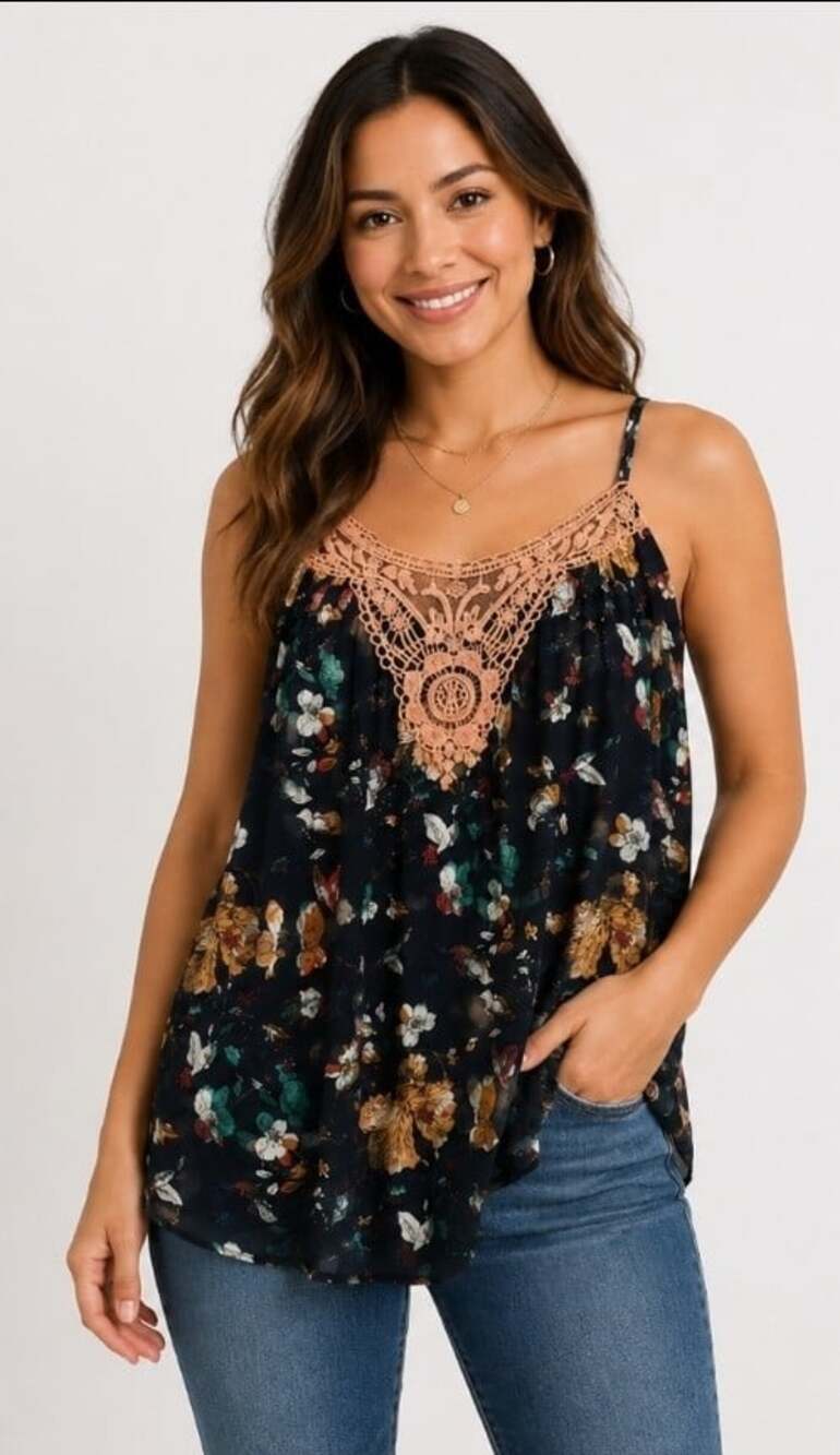 Magazine embroidered Navy cotton cami top boho floral Lace front Medium NWT B15